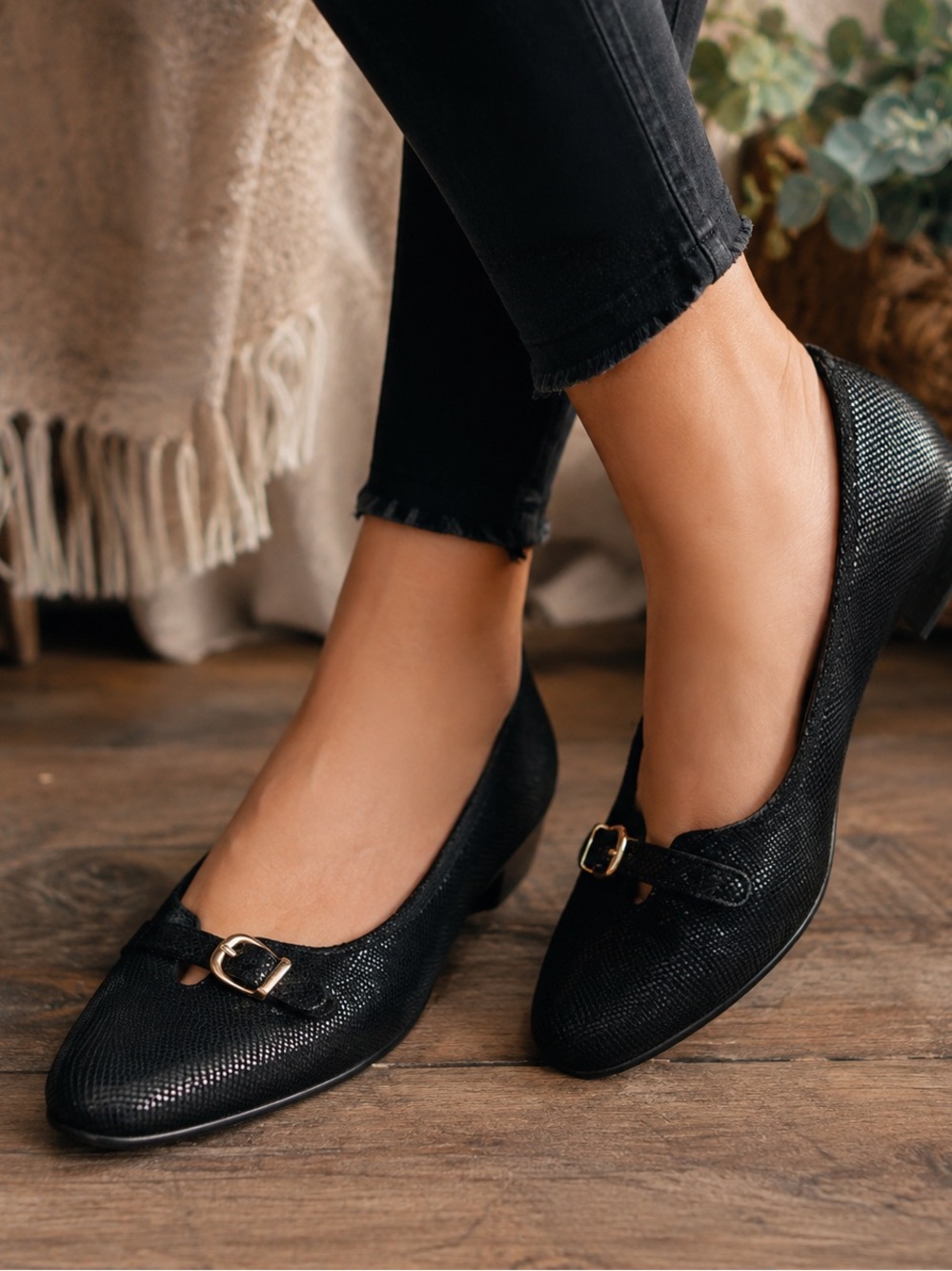 Clarks Black Embossed Textured Leather Flats Gold Buckle Strap Shoes